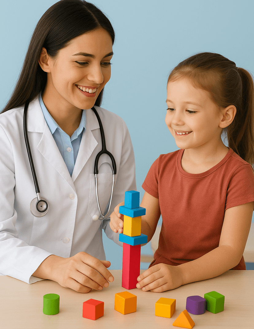 A happy child interacting with a therapist, conveying a sense of care and progress.